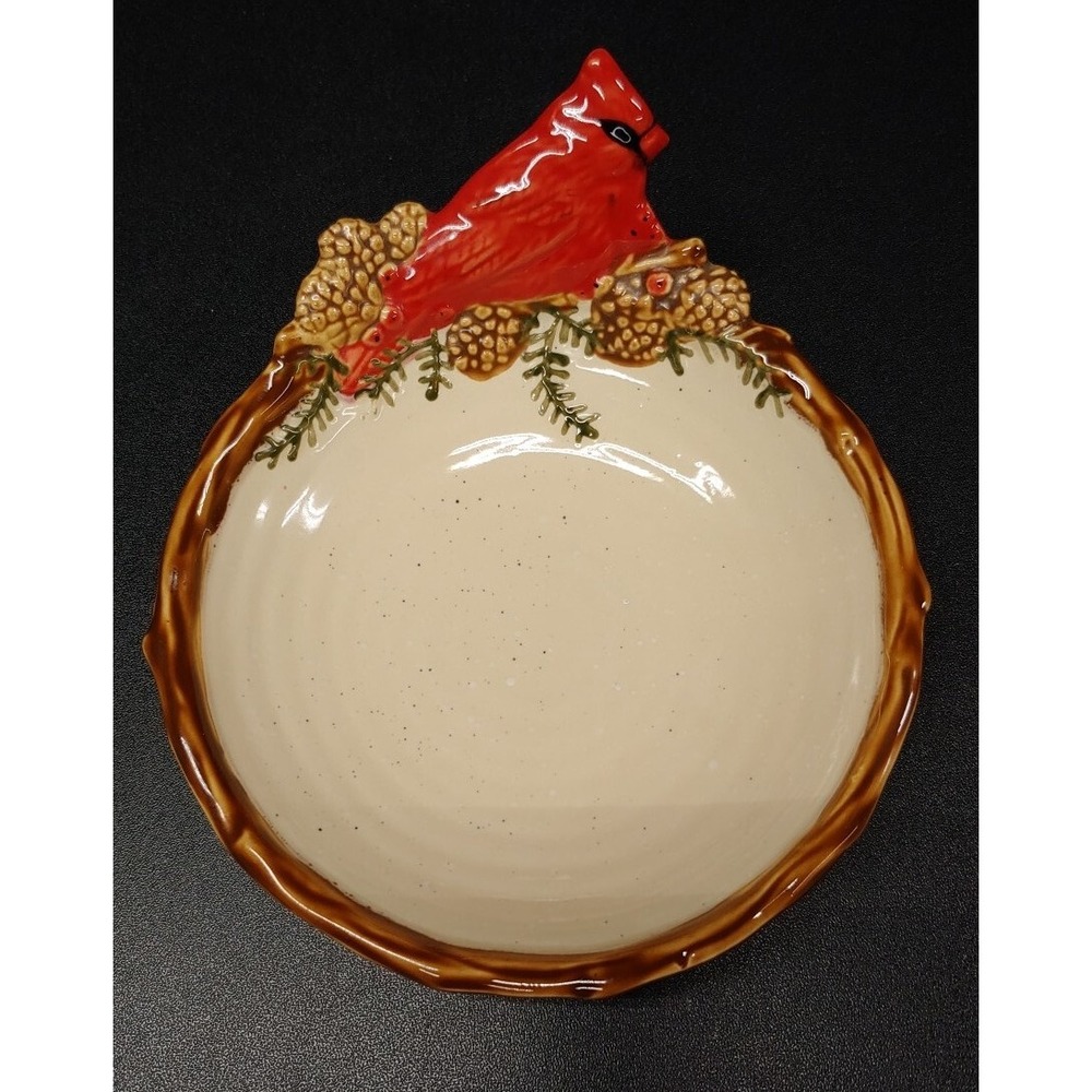 St Nicholas Square Snow Valley Candy Nut Dish Bowl Hand Painted Cardinal 6" Gift